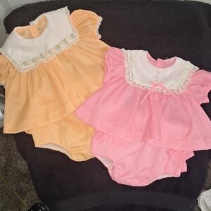 Vintage 70s Matching Dress / Lined Pants Sets (2) - Pink Orange - 3/6 Months